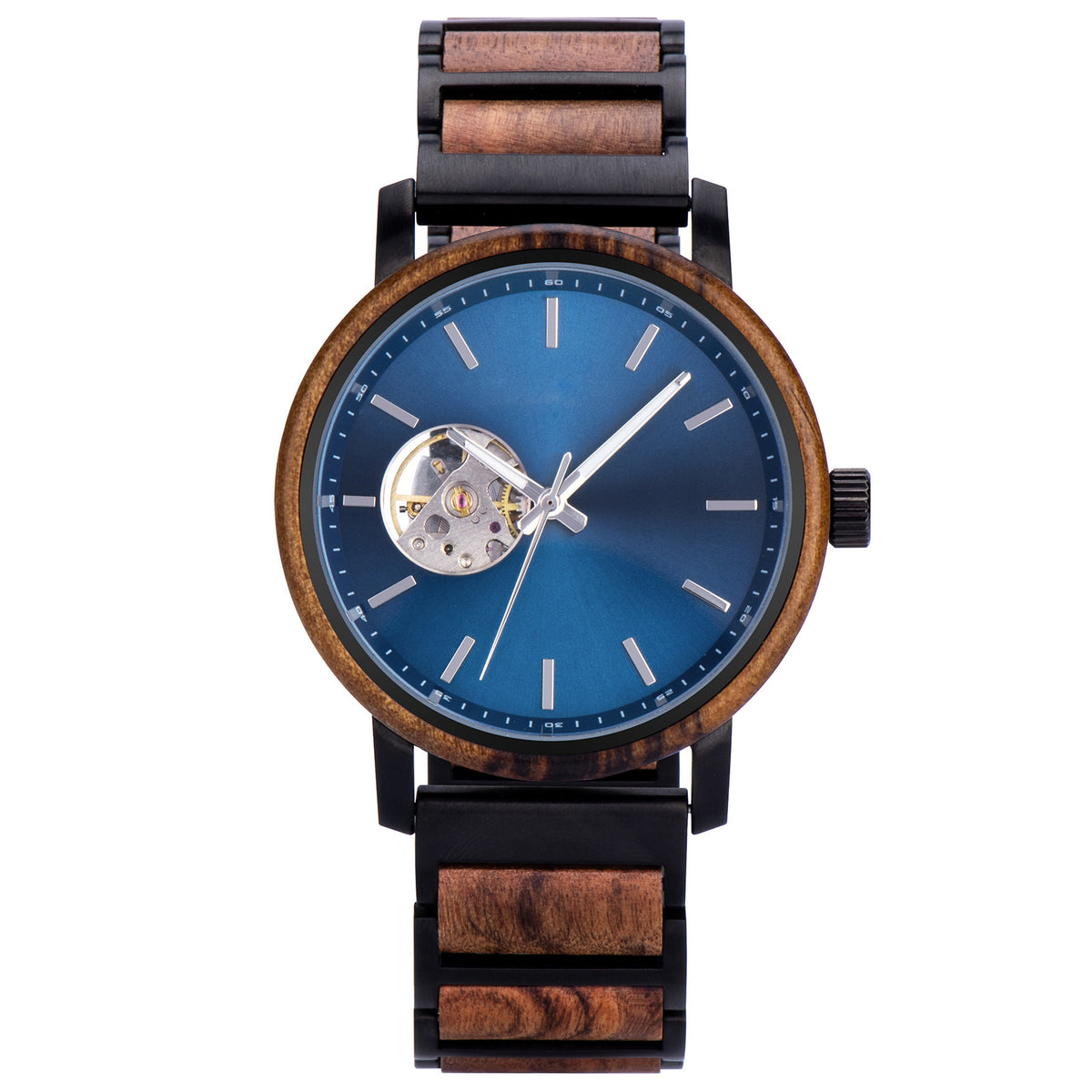 Front view of a wristwatch with a blue dial, skeleton movement window, and a band combining wood and black metal, isolated on a white background.