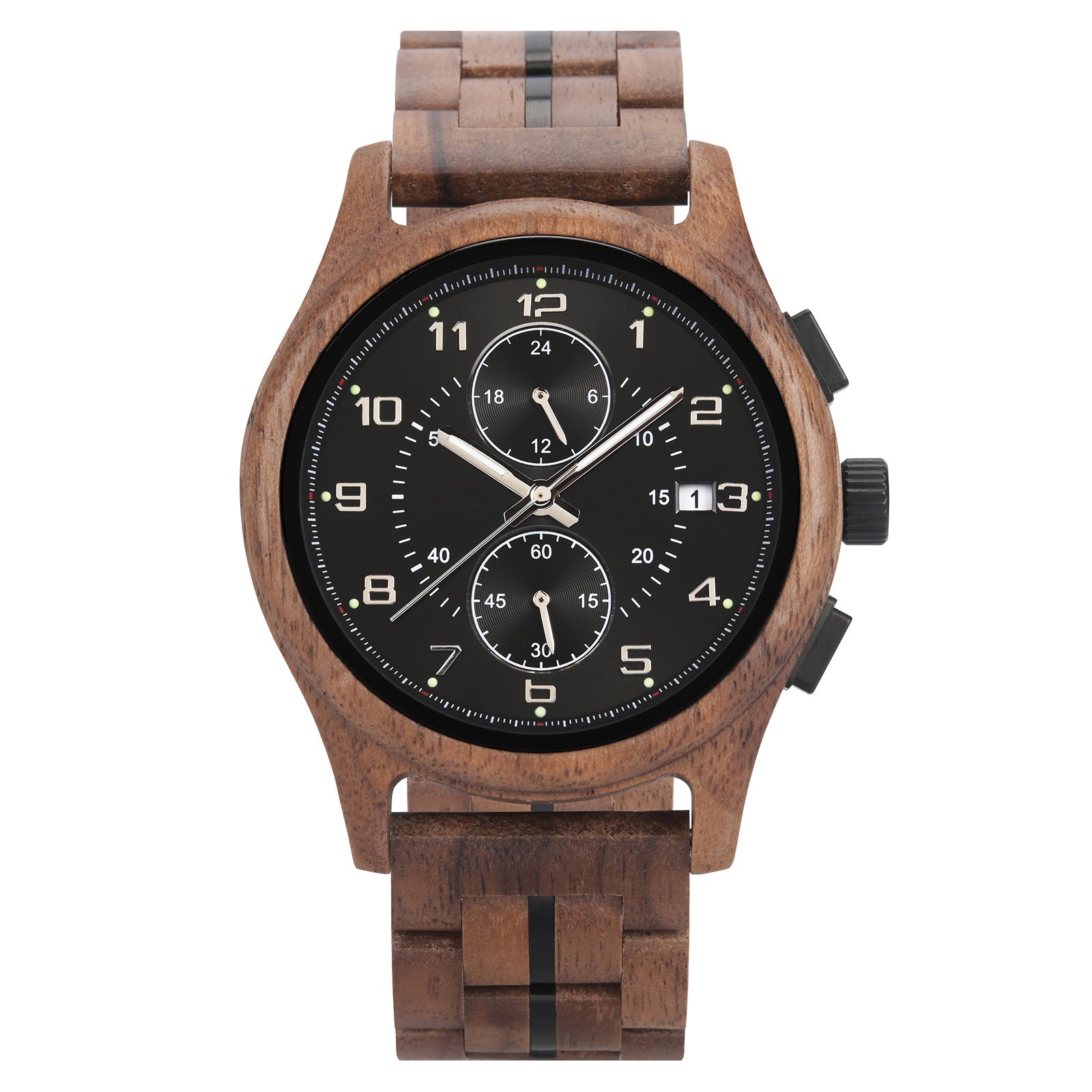 A men's chronograph watch featuring a brown wooden case and band, a black dial with silver-tone numerals, hands, sub-dials, and a date display, isolated on a white background.
