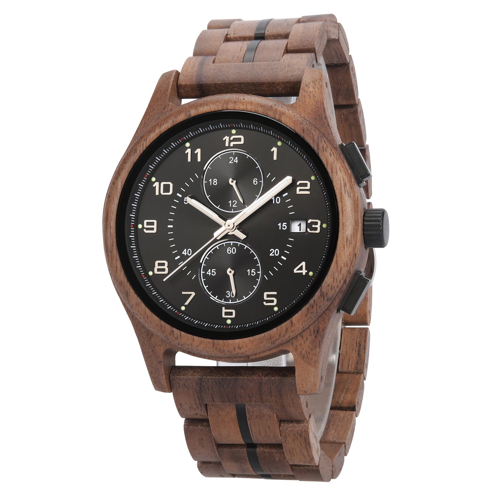 A men's chronograph watch with a brown wooden case and band, featuring a black dial, luminous markers, silver-tone hands, sub-dials, and a date display, isolated on a white background.
