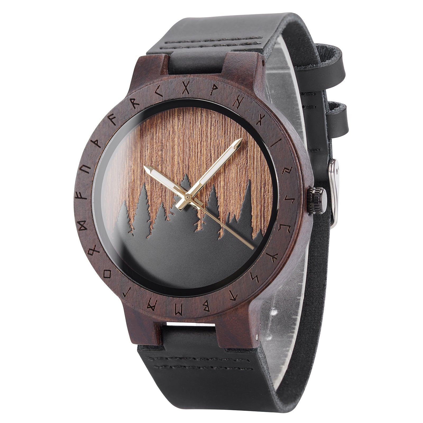 A unique dark wooden watch with a runic symbol bezel, forest silhouette dial, black leather band, and gold-tone hands, presented against a white background.