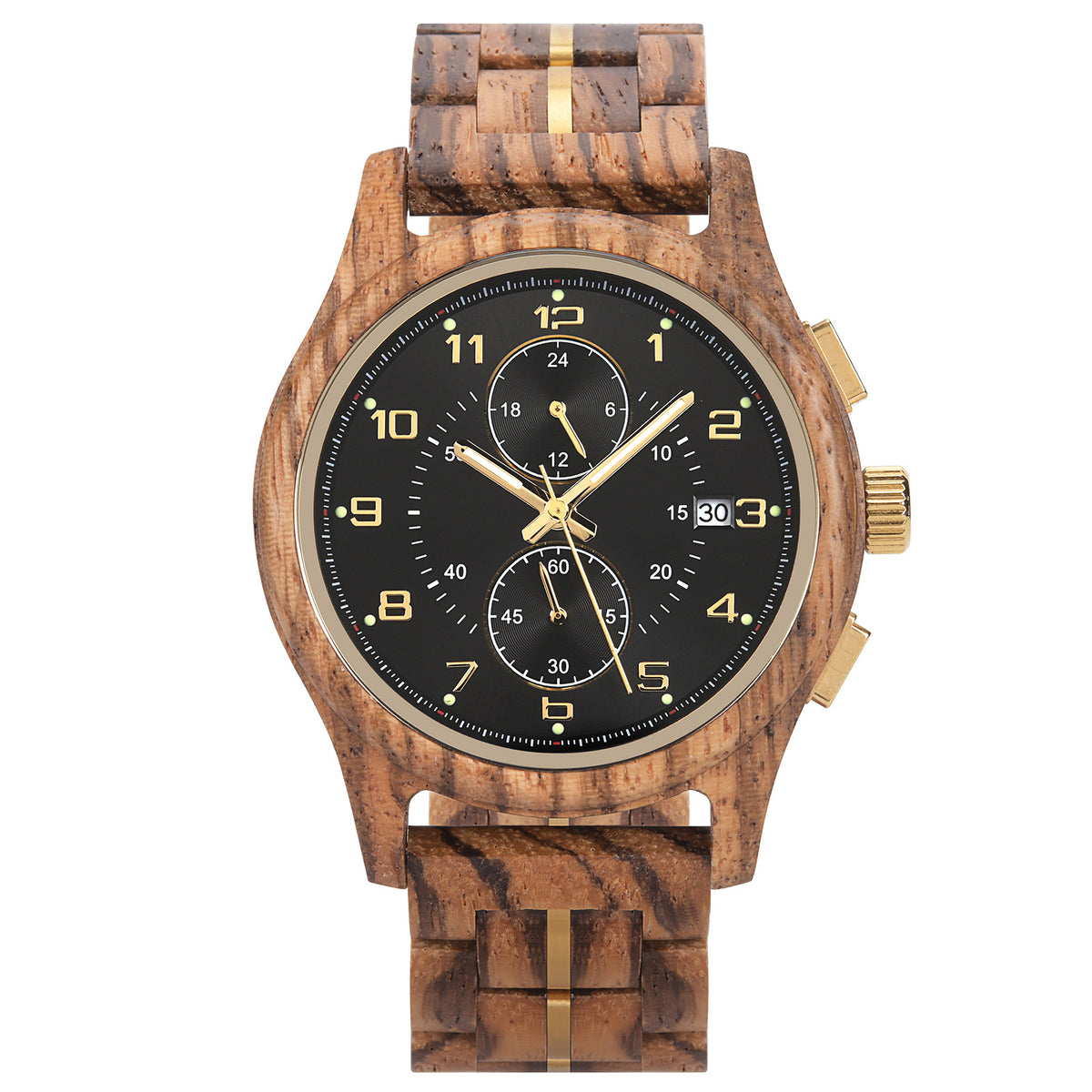 A men's chronograph watch featuring a wooden case and band with gold-tone accents, a black dial with luminous gold numerals, hands, sub-dials, and a date display, isolated on a white background.