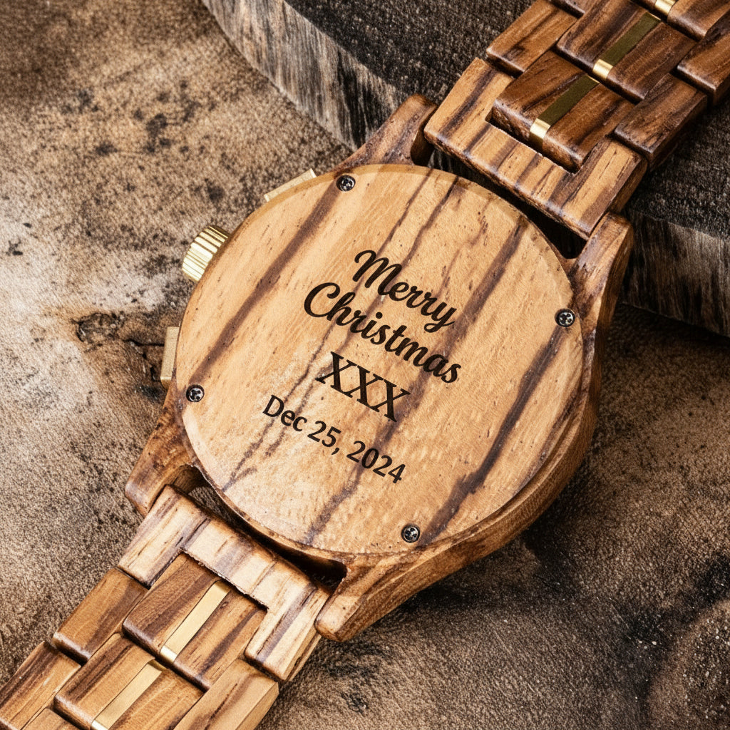 The back of a men's watch with a zebrawood case and band featuring gold-tone accents, placed on a textured, earthy-toned surface with rustic wood elements in the background.
