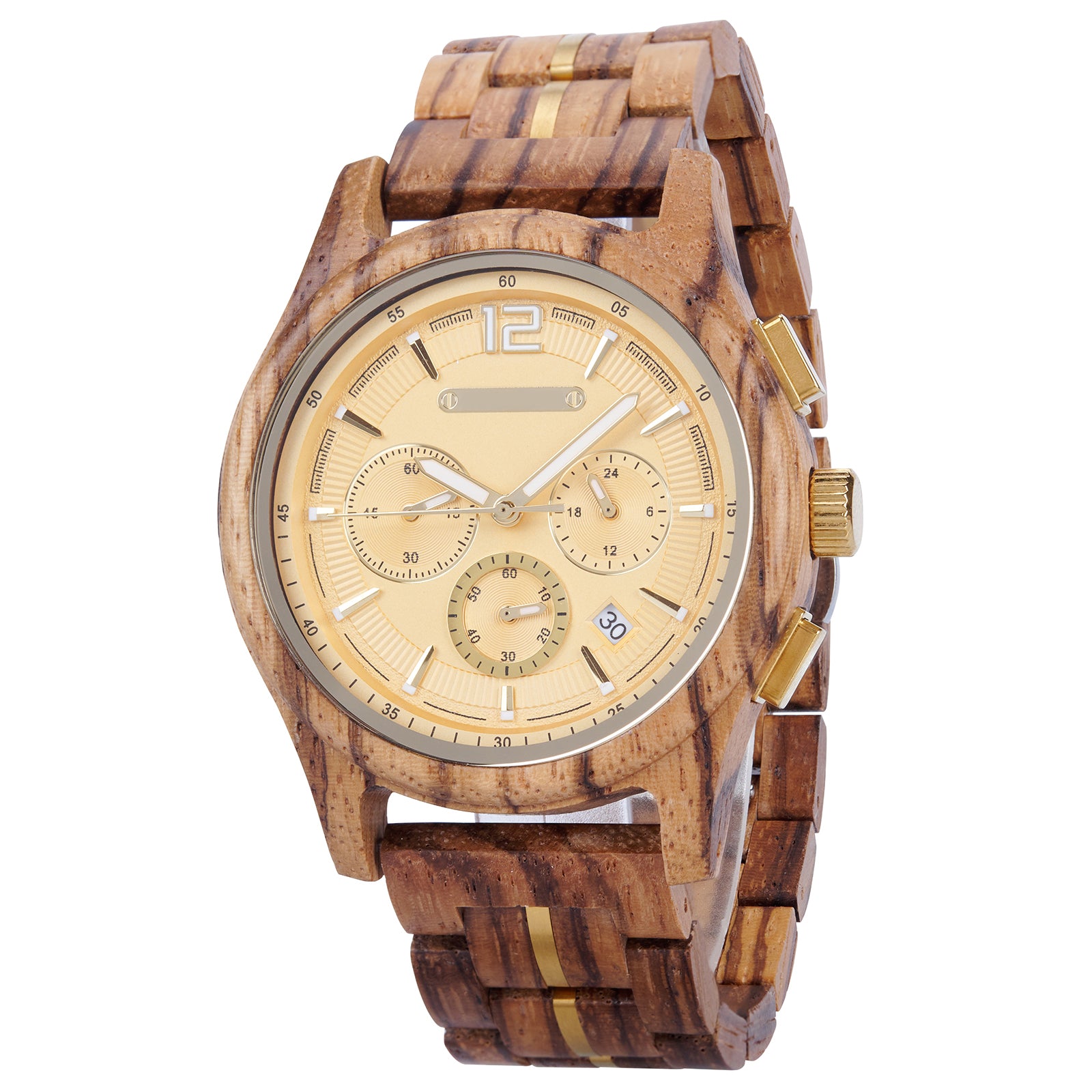 A chronograph watch with a gold dial, wooden case and band (featuring gold accents), multiple sub-dials, a date window, and a refined design against a white background.