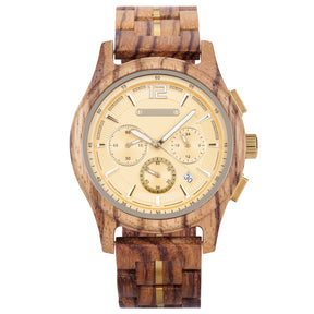 A chronograph watch with a gold dial, wooden case and band (with gold accents), featuring multiple sub-dials, a date window, and a sleek design against a white background.