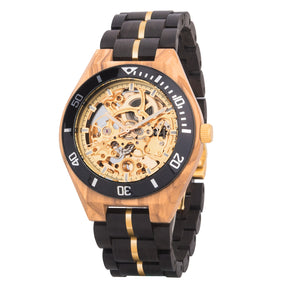 Angled view of a wooden wristwatch with a gold full skeleton dial, black and gold accented band, isolated on a white background.
