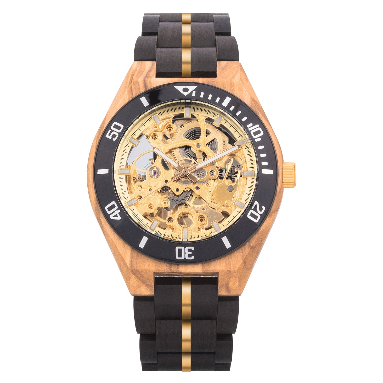 Front view of a wooden wristwatch with a gold full skeleton dial, black and gold accented band, isolated on a white background.