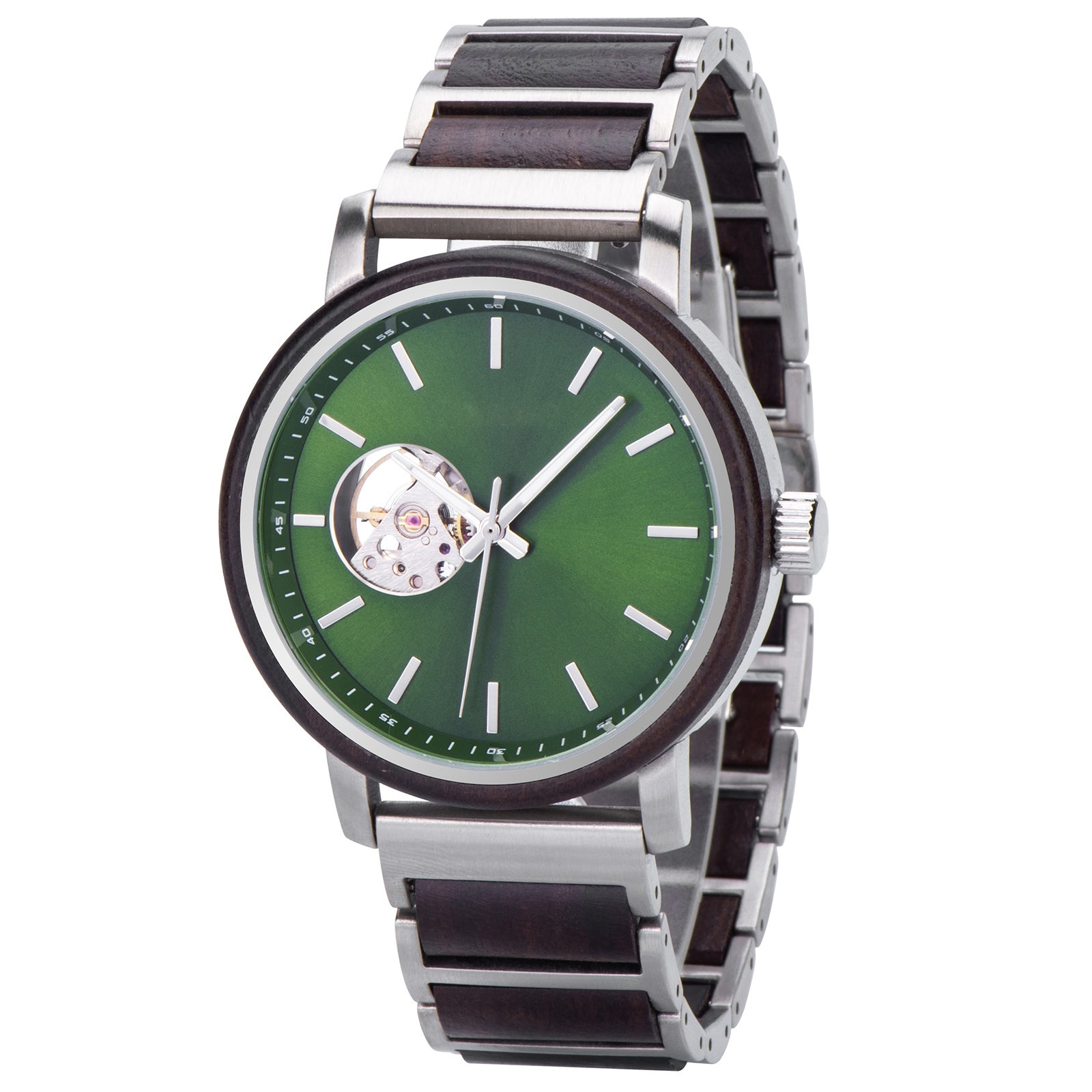 A sophisticated skeleton automatic watch featuring a green dial, wooden bezel, and silver metal with dark wood combined band, presented at an angle against a white background.