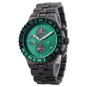 A refined men's dark wooden chronograph watch with green accents, shown in side view against a white background to highlight its craftsmanship and sporty design.