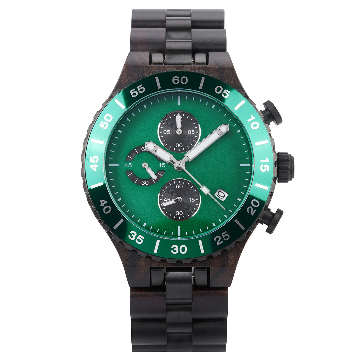 A sophisticated men's dark wooden chronograph watch with green accents, presented against a white background to highlight its refined and sporty design.