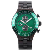 A sophisticated men's dark wooden chronograph watch with green accents, presented against a white background to highlight its refined and sporty design.