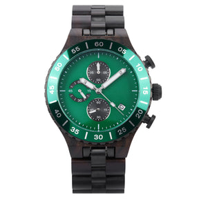A sophisticated men's dark wooden chronograph watch with green accents, presented against a white background to highlight its refined and sporty design.