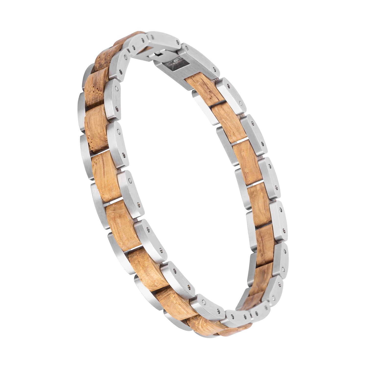 Men's wooden bracelet with stainless steel links, sleek design. Perfect for stylish, nature-inspired masculine accessory lovers, ideal for daily wear.