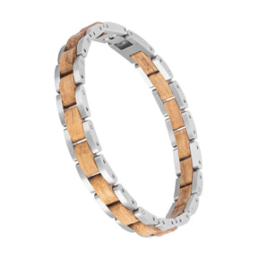 Men's wooden bracelet with stainless steel links, sleek design. Perfect for stylish, nature-inspired masculine accessory lovers, ideal for daily wear.
