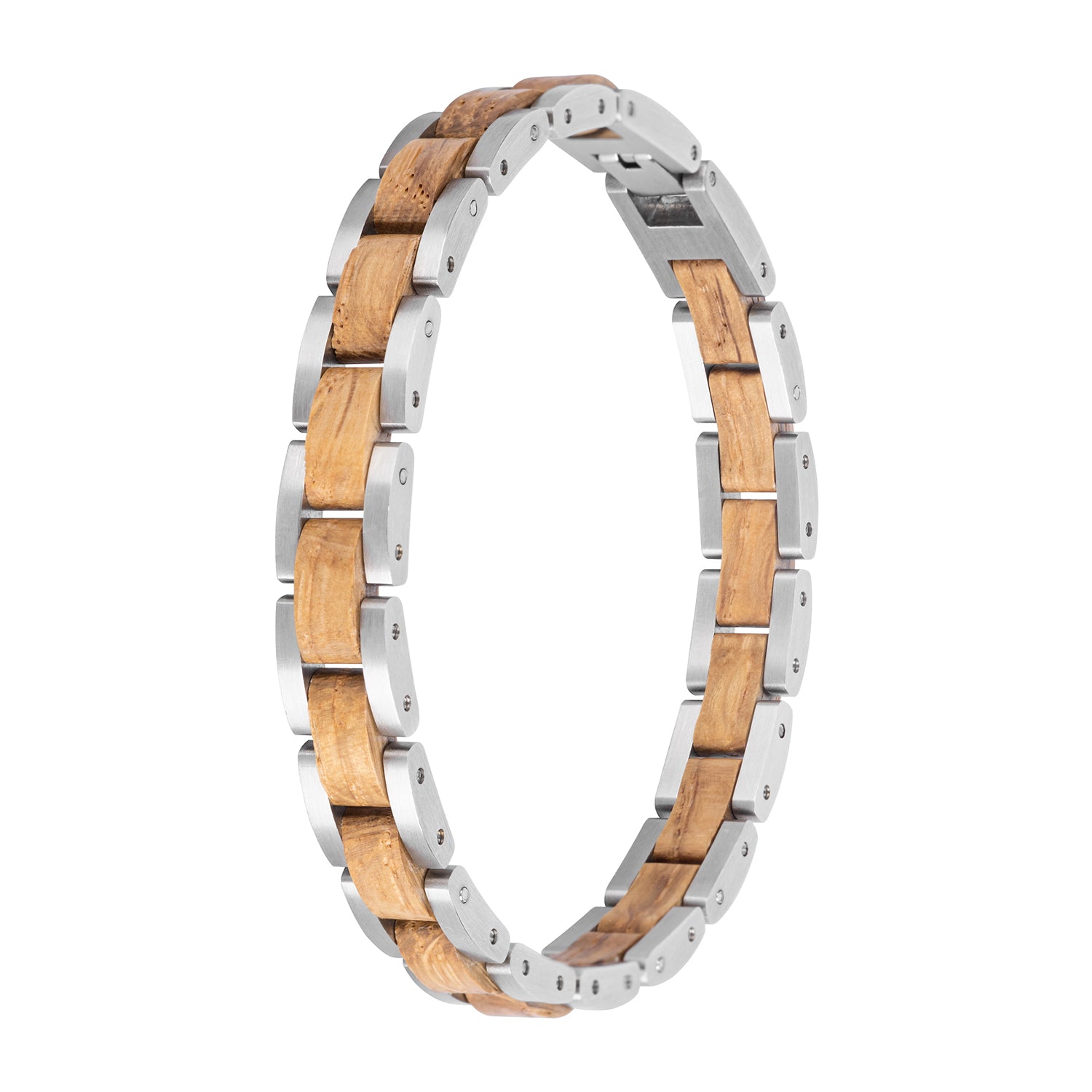 Men's wooden bracelet with stainless steel links, sleek design. Perfect for stylish, nature-inspired masculine accessory lovers, ideal for daily wear.