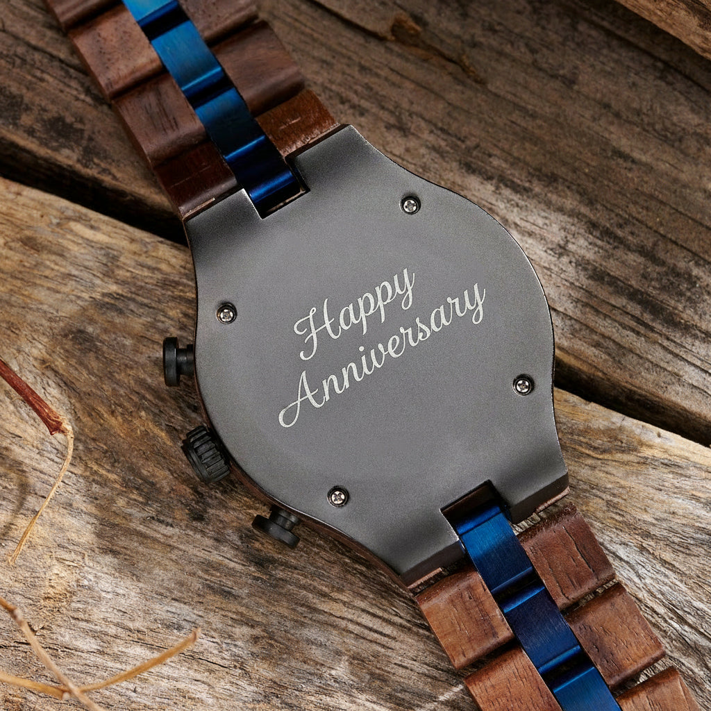 A detailed view of the back case of a men's walnut wooden chronograph watch with blue accents, displayed on a wooden surface to emphasize its craftsmanship and rugged design.
