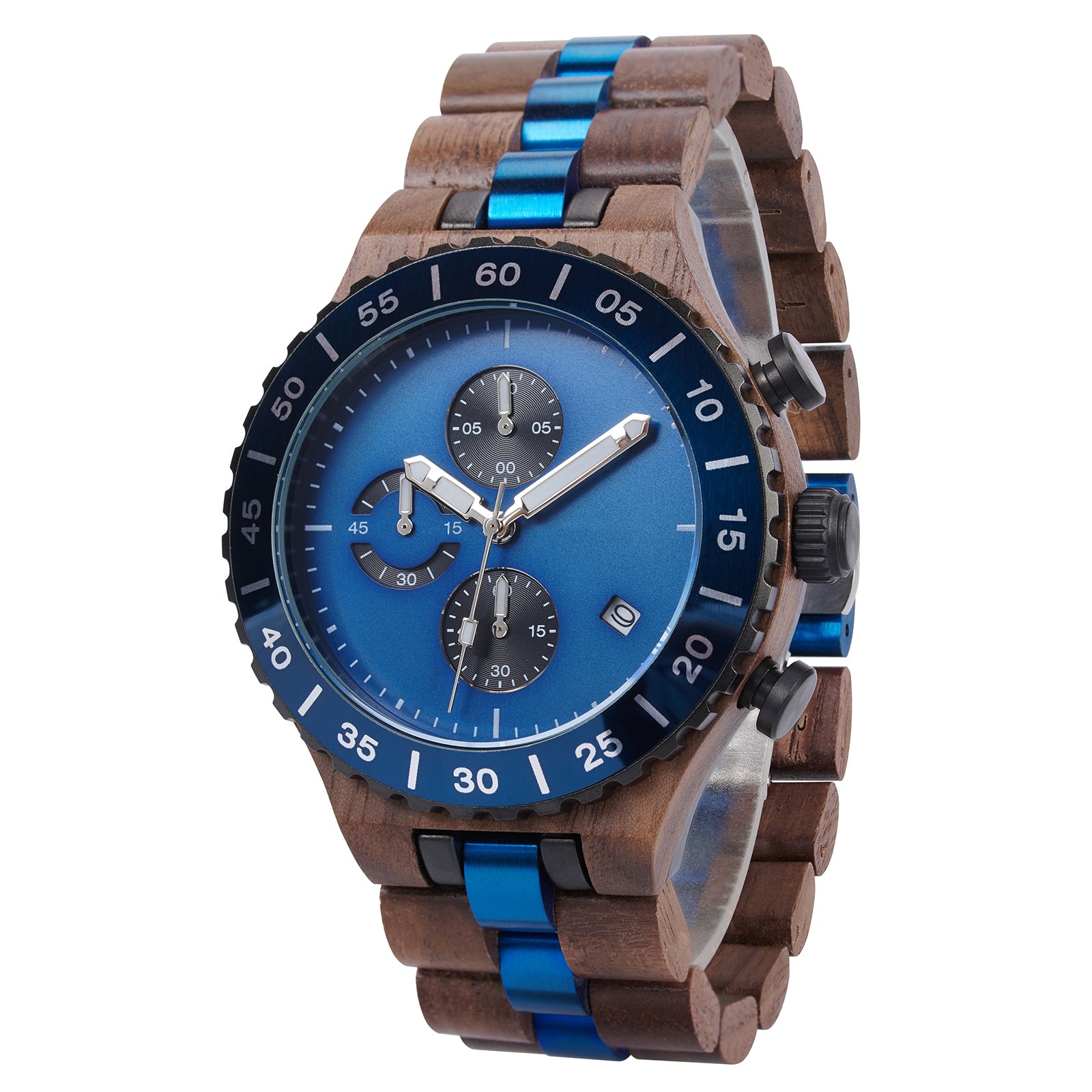 A refined men's walnut wooden chronograph watch with blue accents, shown in side view against a white background to highlight its craftsmanship and sporty design.