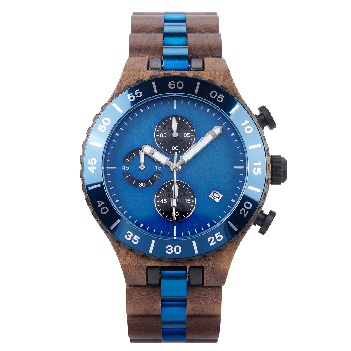 A sophisticated men's walnut wooden chronograph watch with blue accents, presented against a white background to highlight its refined and sporty design.
