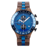 A sophisticated men's walnut wooden chronograph watch with blue accents, presented against a white background to highlight its refined and sporty design.