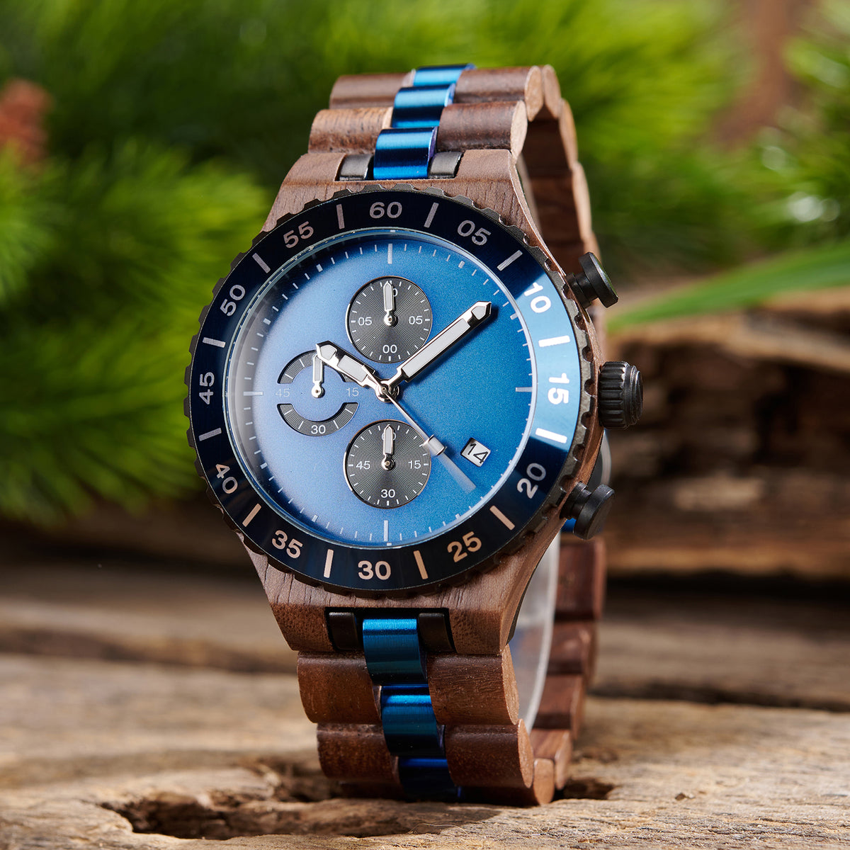 A stylish men's walnut wooden chronograph watch with blue and gold accents, showcased amidst lush greenery to highlight its sophisticated and natural design.
