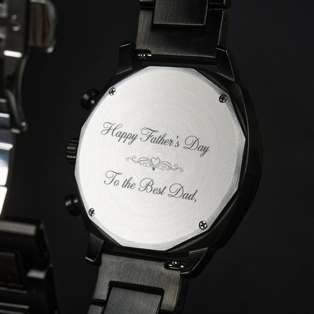 A detailed view of the back case of a men's wooden chronograph watch, showcasing its metallic finish and structural design elements.