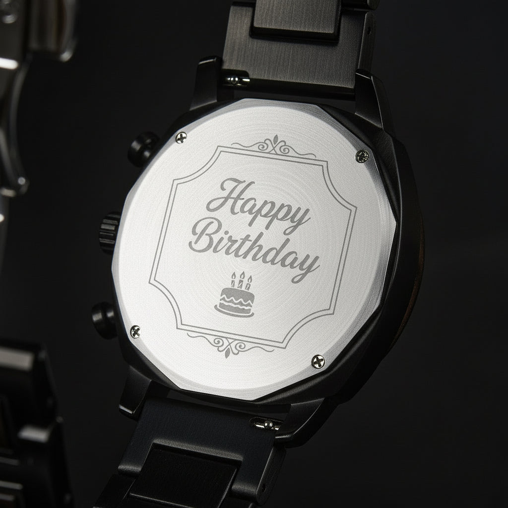 A detailed view of the back case of a men's wooden chronograph watch with a black dial, showcasing its metallic finish and structural design elements.