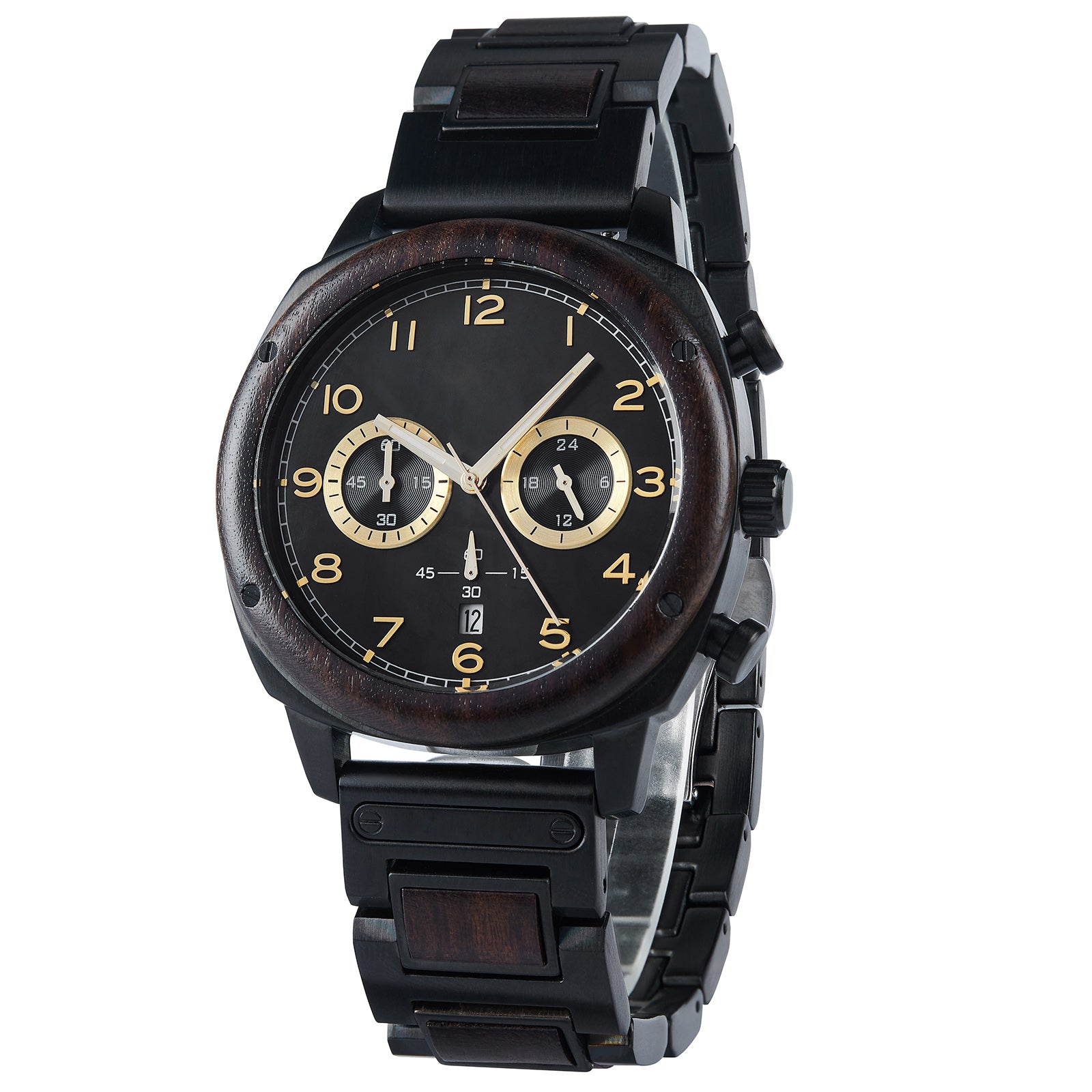 A refined men's wooden chronograph watch with a black dial and gold accents, shown in side view against a white background to highlight its craftsmanship and classic design.