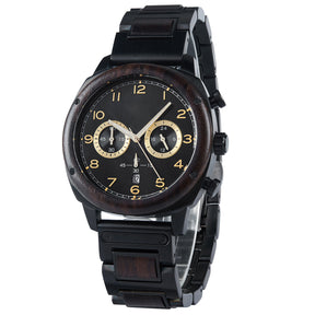 A refined men's wooden chronograph watch with a black dial and gold accents, shown in side view against a white background to highlight its craftsmanship and classic design.