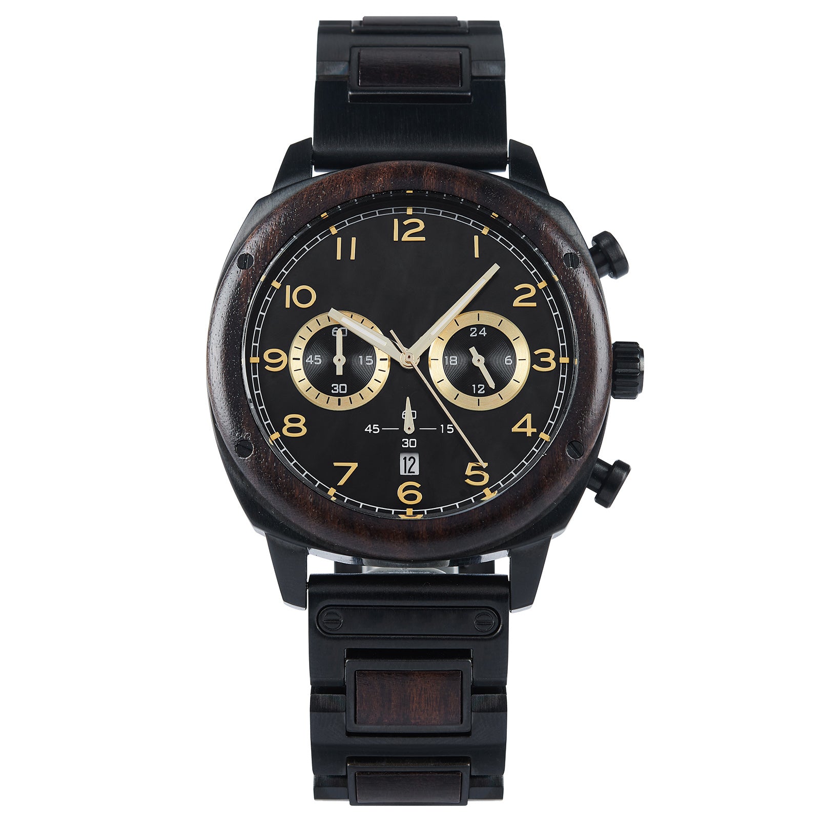 A sophisticated men's wooden chronograph watch with a black dial and gold accents, presented against a white background to highlight its refined and classic design.