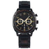 A sophisticated men's wooden chronograph watch with a black dial and gold accents, presented against a white background to highlight its refined and classic design.