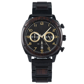 A sophisticated men's wooden chronograph watch with a black dial and gold accents, presented against a white background to highlight its refined and classic design.