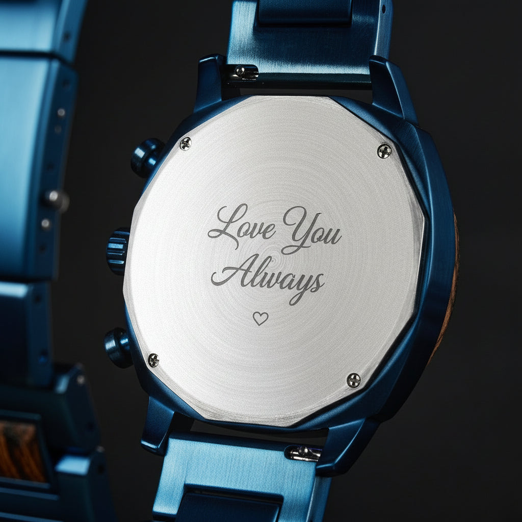 A detailed view of the back case of a men's wooden chronograph watch with a blue dial, showcasing its metallic finish and structural design elements.