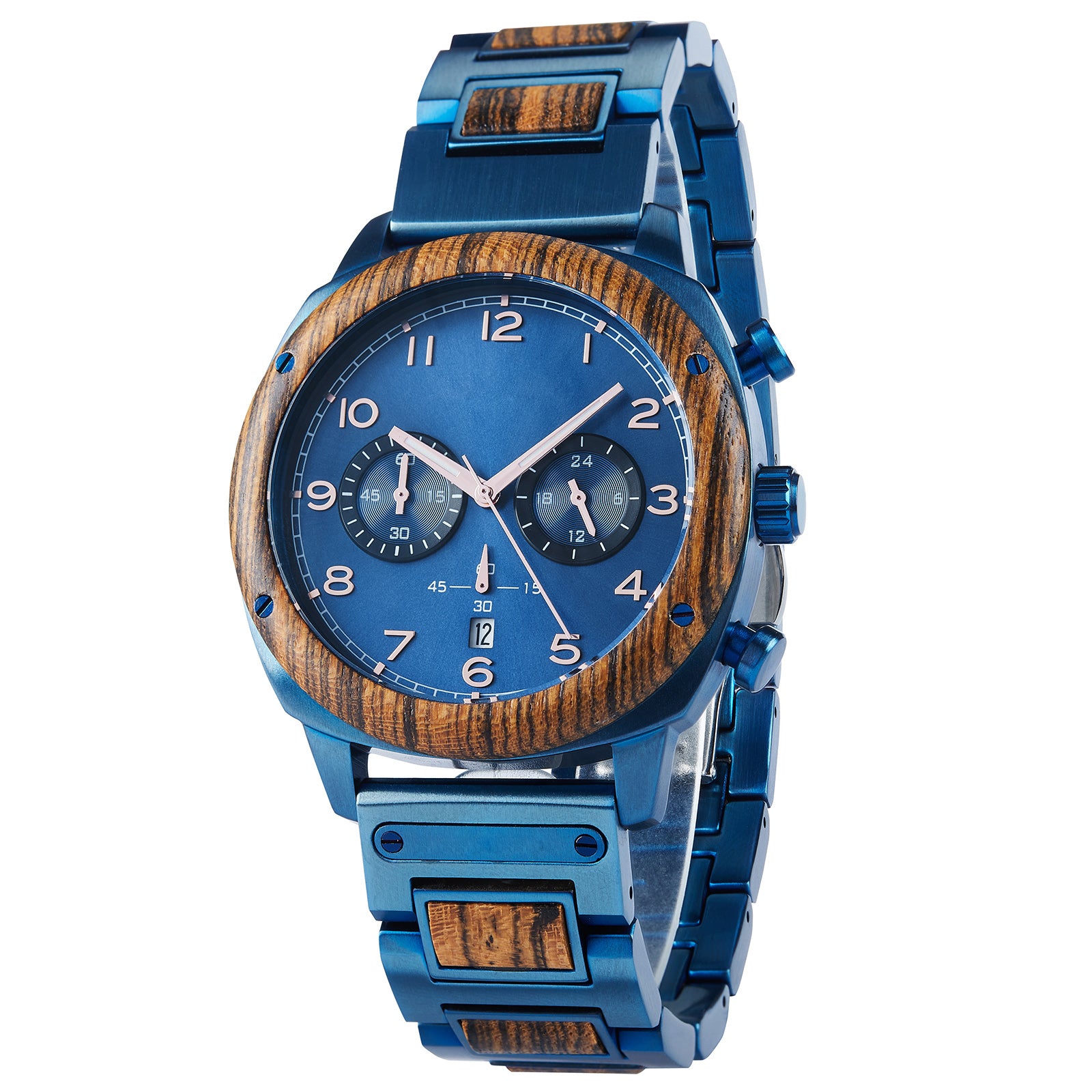 A refined men's wooden chronograph watch with a blue dial and wooden bezel, shown in side view against a white background to highlight its craftsmanship and classic design.