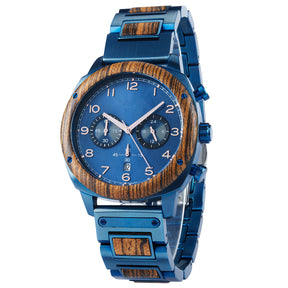 A refined men's wooden chronograph watch with a blue dial and wooden bezel, shown in side view against a white background to highlight its craftsmanship and classic design.