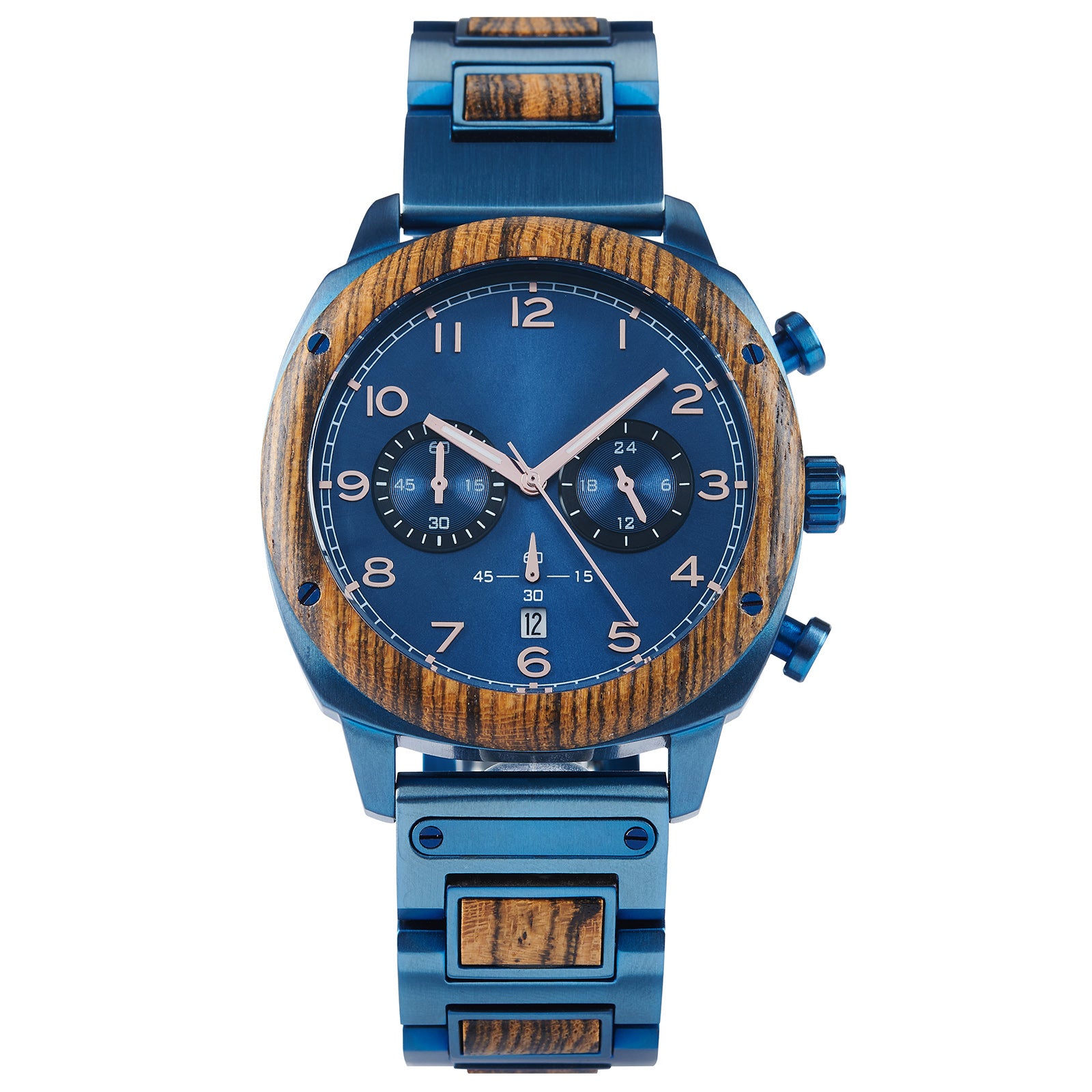 A sophisticated men's wooden chronograph watch with a blue dial and wooden bezel, presented against a white background to highlight its refined and classic design.