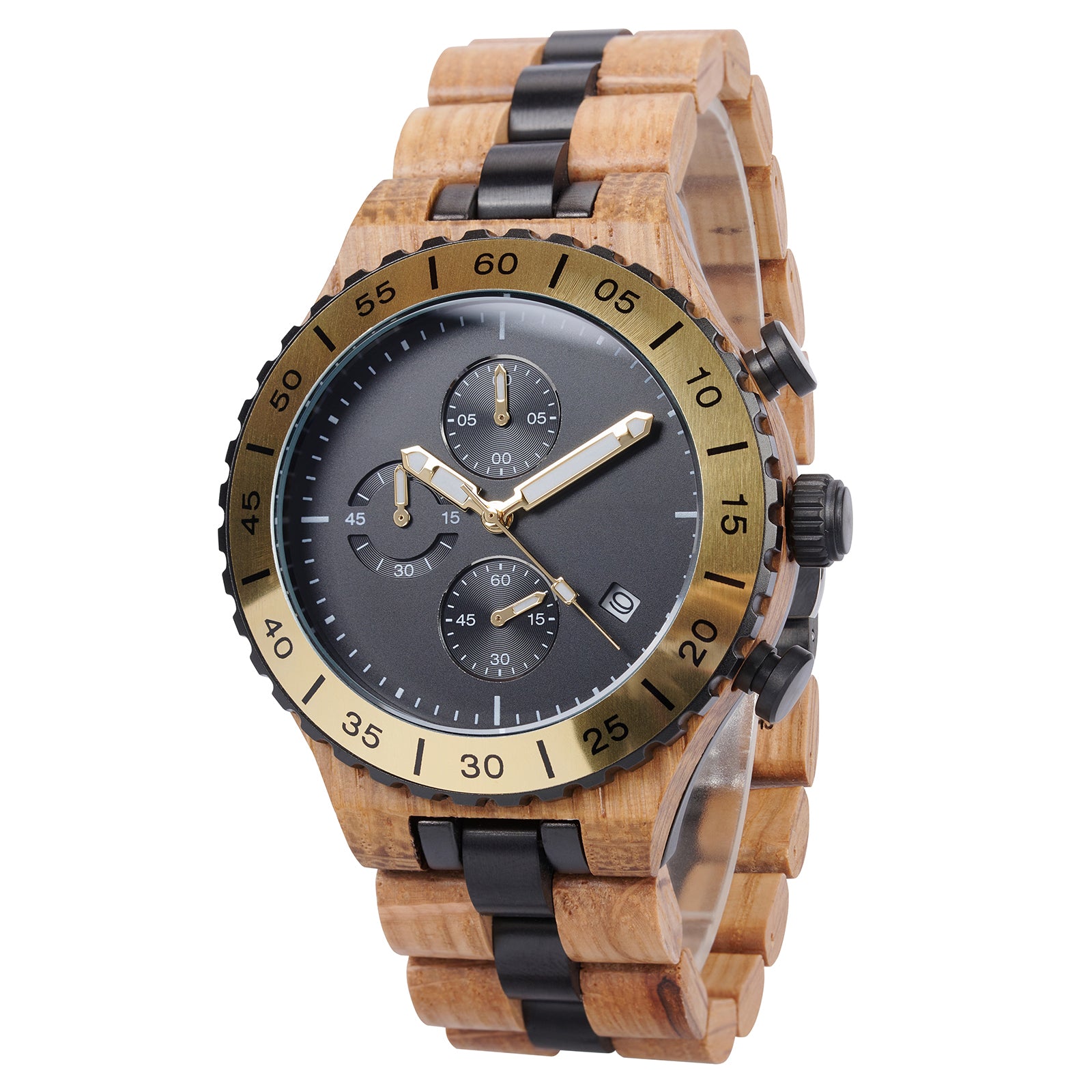 A refined men's wooden chronograph watch with gold and black accents, shown in side view against a white background to highlight its craftsmanship and sporty design.