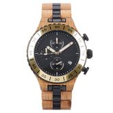 A sophisticated men's wooden chronograph watch with gold and black accents, presented against a white background to highlight its sporty and refined design.