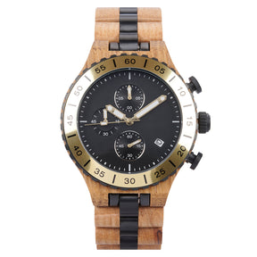 A sophisticated men's wooden chronograph watch with gold and black accents, presented against a white background to highlight its sporty and refined design.