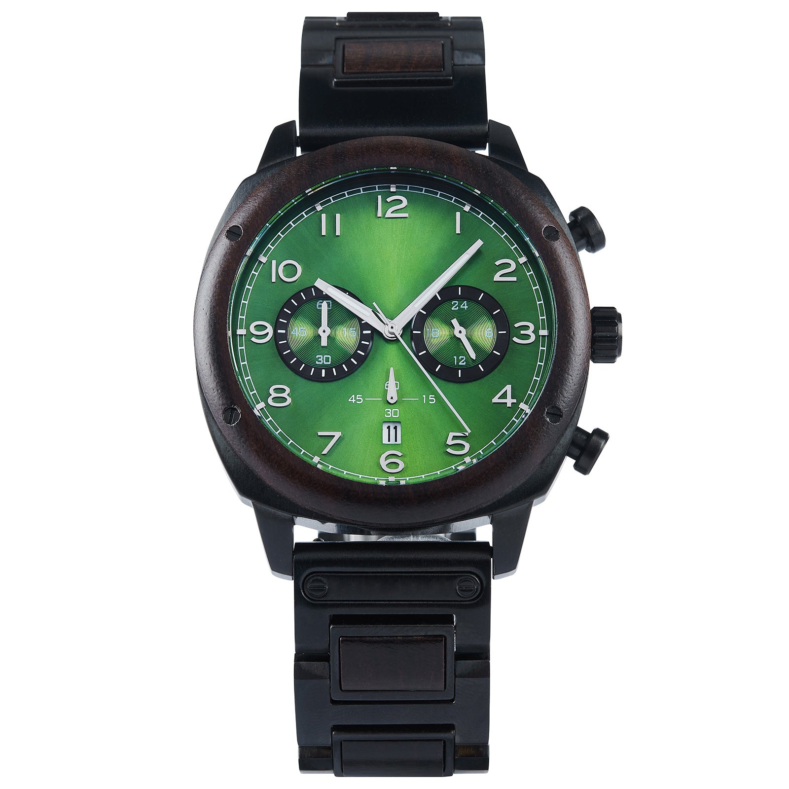 A sophisticated men's wooden chronograph watch with a green dial and numeric markings, presented against a white background to highlight its refined and classic design.
