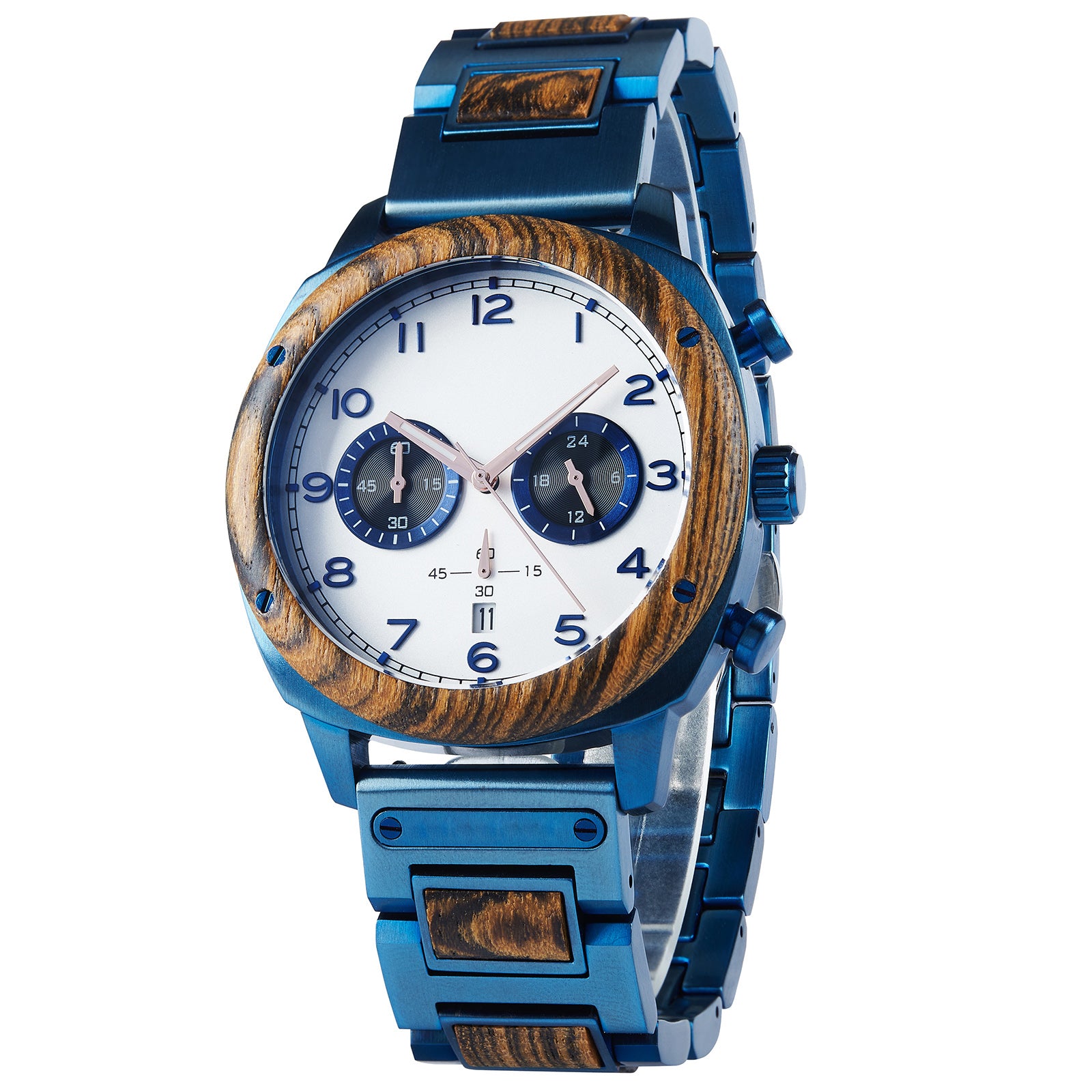 A refined men's wooden chronograph watch with a white dial and blue accents, shown in side view against a white background to highlight its craftsmanship and classic design.