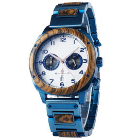 A refined men's wooden chronograph watch with a white dial and blue accents, shown in side view against a white background to highlight its craftsmanship and classic design.