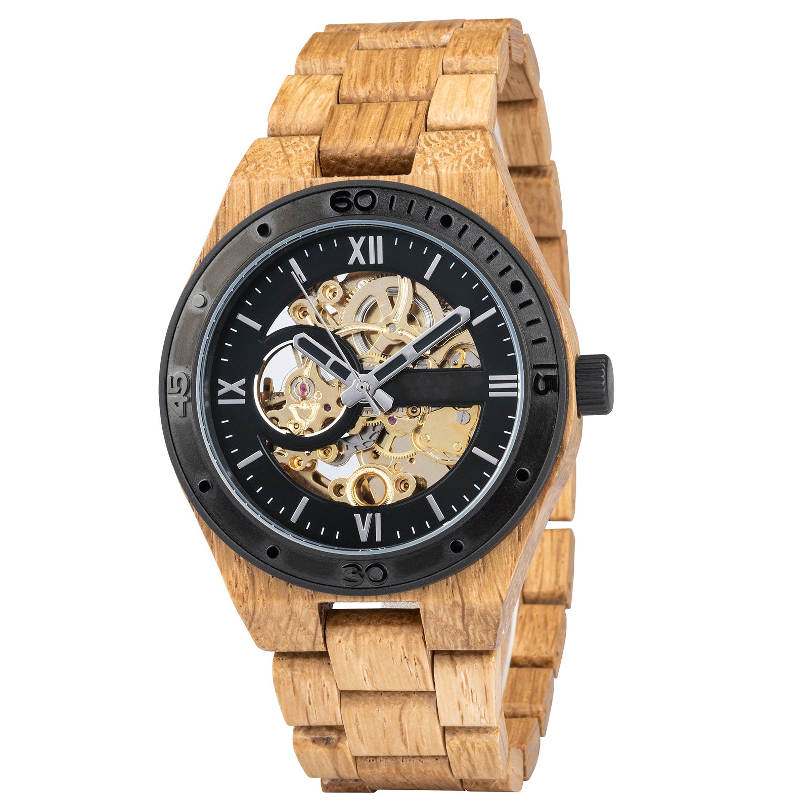 A men's automatic mechanical watch made of oak wood and black stainless steel, featuring a skeleton dial that displays intricate golden mechanical movements, marked with Roman numerals and a black bezel, presented against a plain white background.
