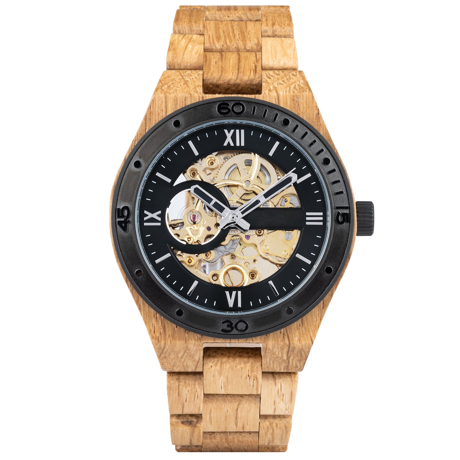 A men's automatic mechanical watch crafted from oak wood and black stainless steel, featuring a skeleton dial that reveals intricate golden mechanical movements, marked with Roman numerals and a black bezel, presented against a plain white background.