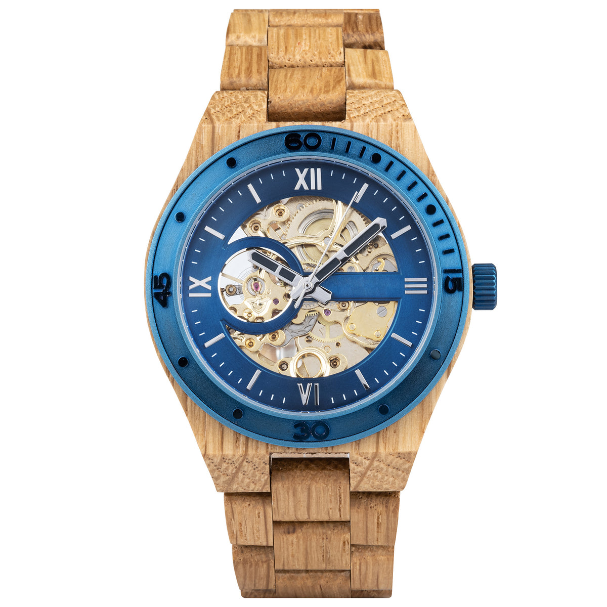 A men's automatic mechanical watch made of oak wood and blue stainless steel, featuring a skeleton dial that reveals intricate golden watch mechanisms, with Roman numerals and a blue bezel, presented against a plain white background.