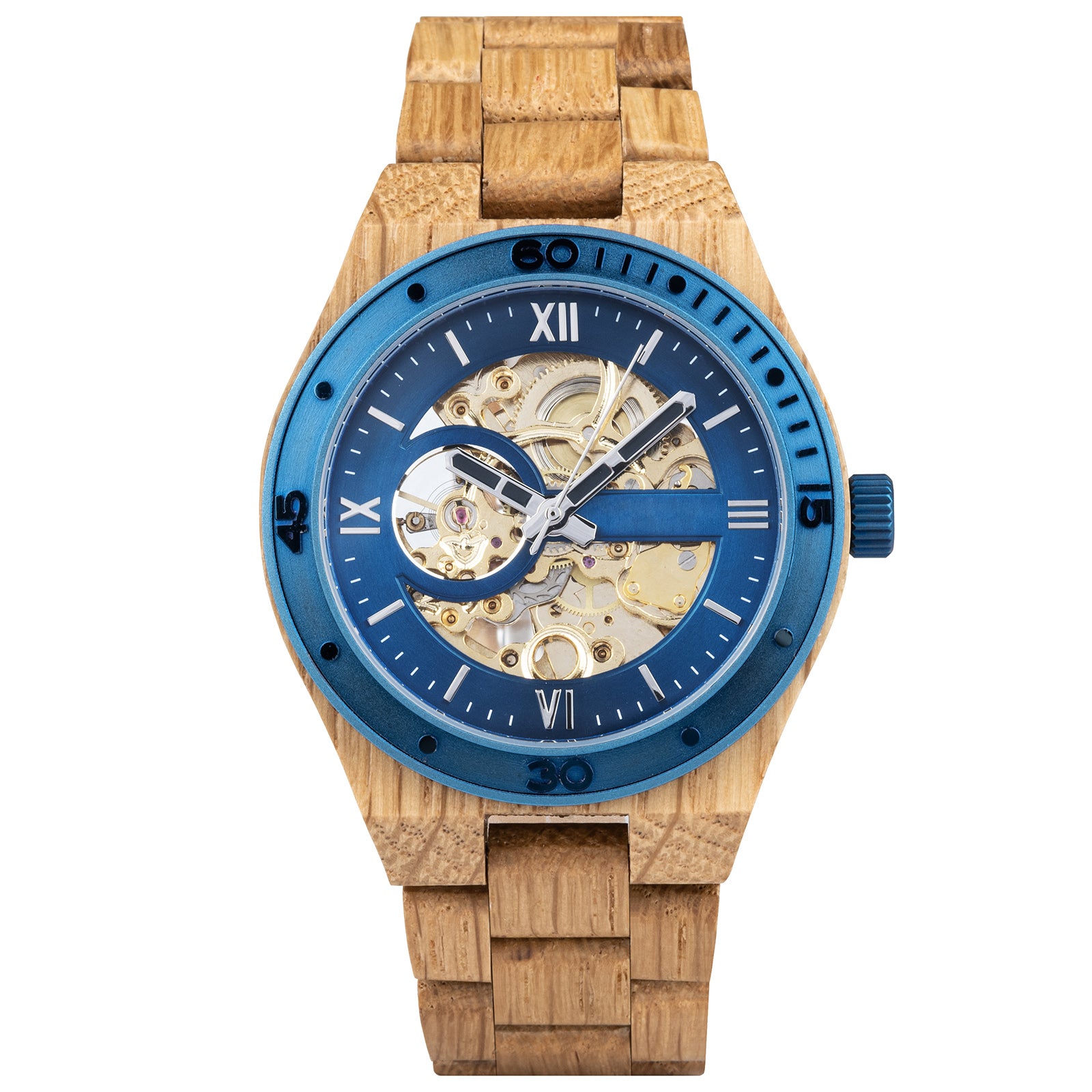 A men's automatic mechanical watch made of oak wood and blue stainless steel, featuring a skeleton dial that reveals intricate golden watch mechanisms, with Roman numerals and a blue bezel, presented against a plain white background.
