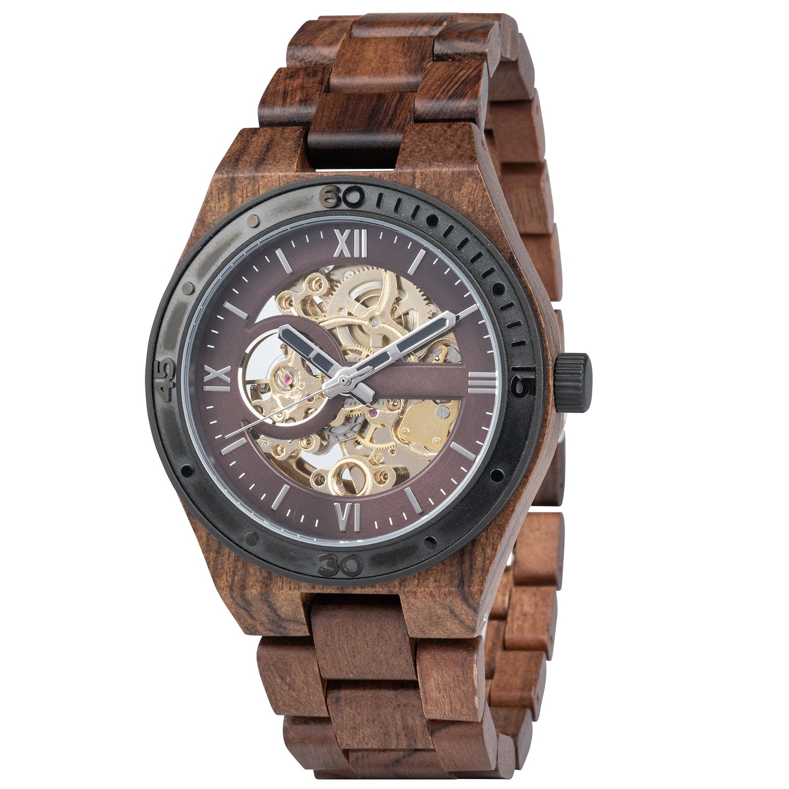 A men's automatic mechanical watch made of walnut wood and black stainless steel, featuring a skeleton dial that reveals intricate movement, displayed at an angle against a white background.
