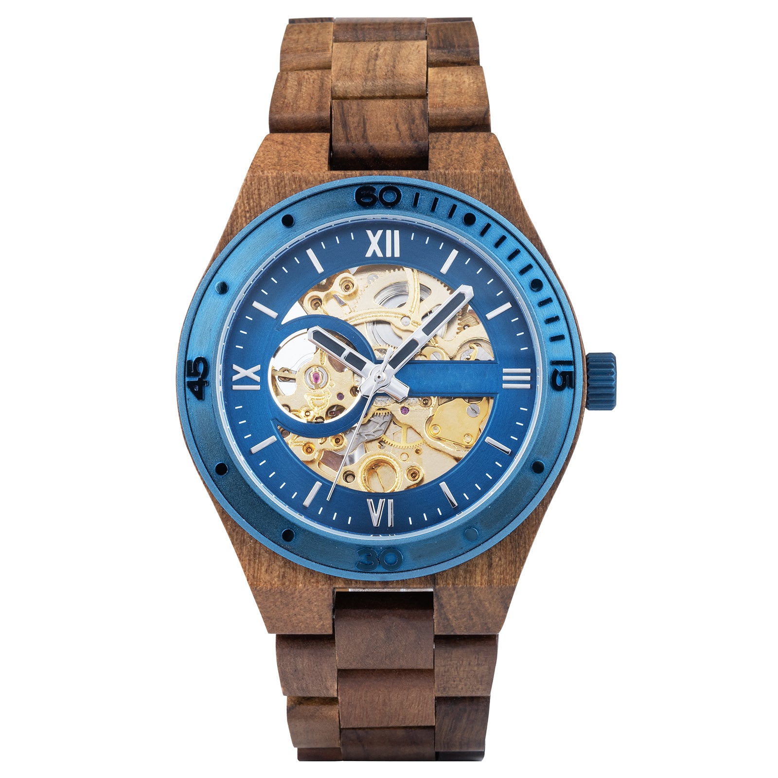 A men's automatic mechanical watch made of walnut wood and blue stainless steel, featuring a skeleton dial that reveals intricate movement, displayed against a white background.
