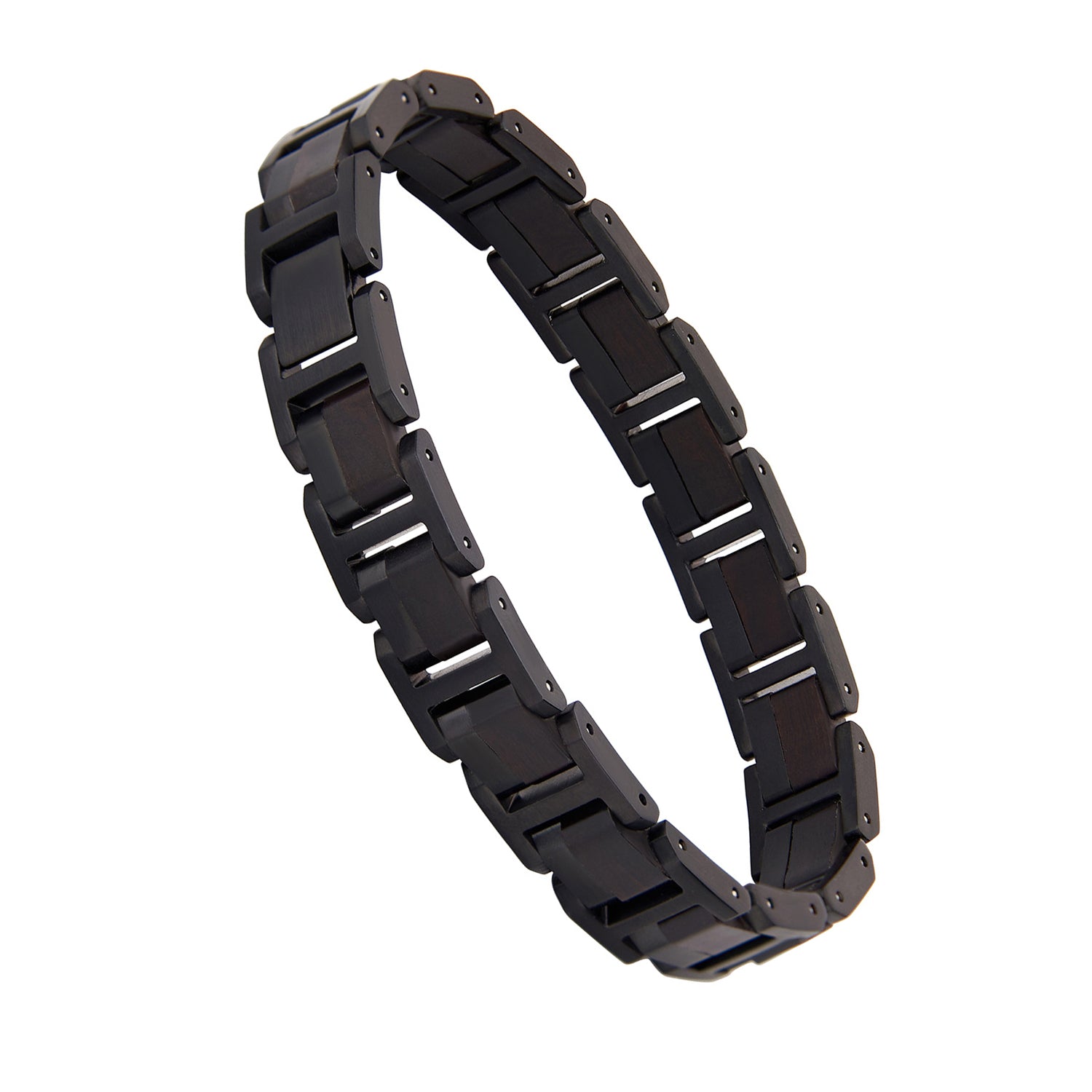 Men's bracelet crafted from black stainless steel and ebony wood, featuring a robust design, perfect for men's stylish jewelry collection.