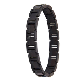 Men's bracelet with black stainless steel and ebony wood links, presenting a modern and bold design for men's accessories.