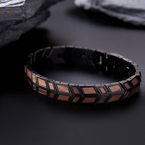 Men's bracelet crafted from black stainless steel and walnut wood, with a geometric design. A stylish accessory for men, suitable for daily wear and gifting.