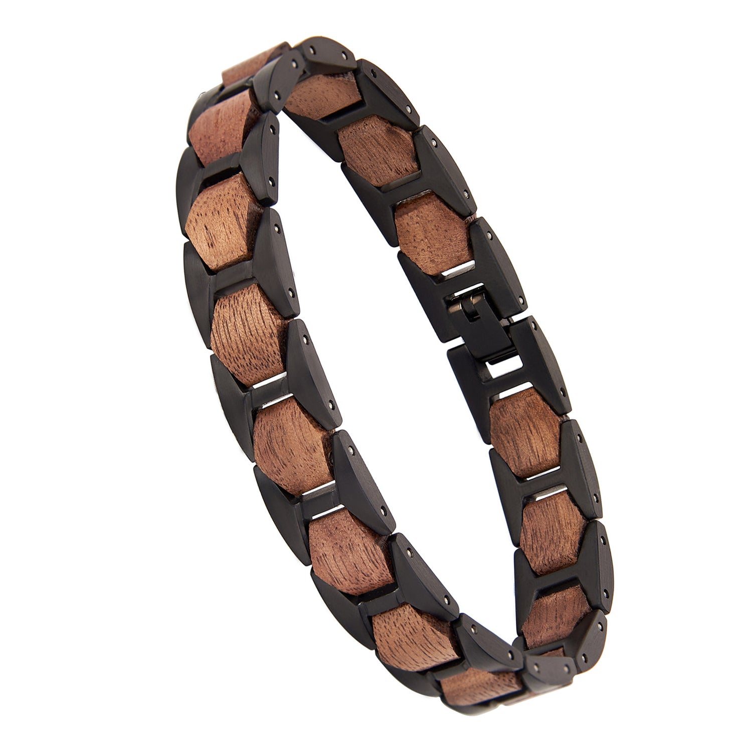 Men's bracelet with black stainless steel and walnut wood angular links, a modern and bold piece for men's jewelry style.
